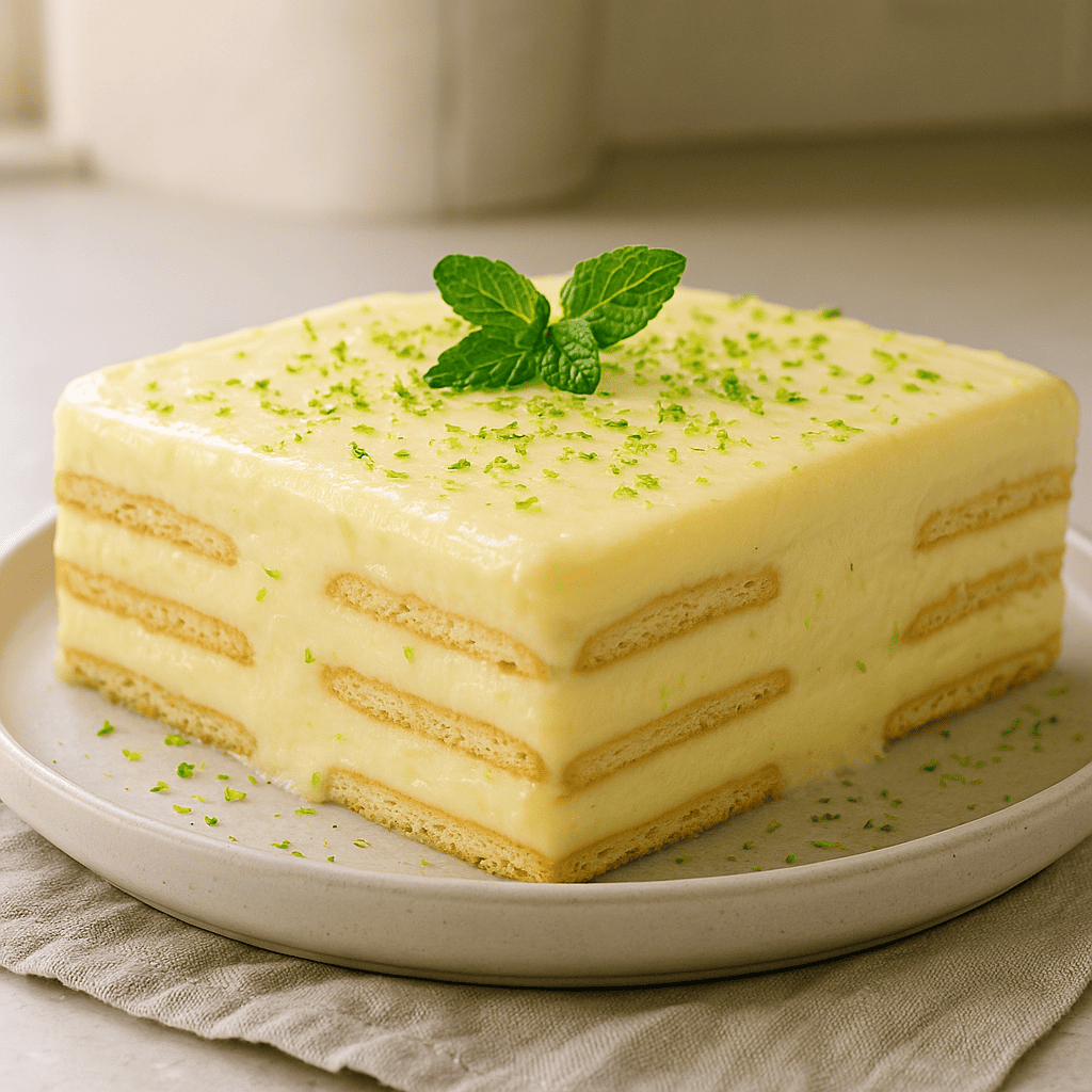 plato blanco con postre hecho a base de galleta maría y limón
