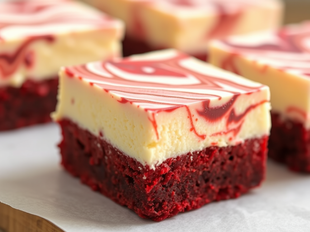trozo de brownie red velvet humedo con cheesecake encima con una capa marmoleada.